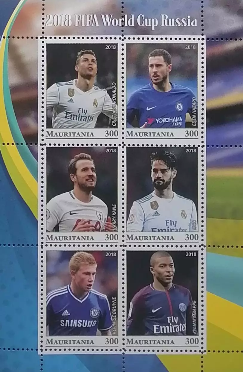 Малый лист. Мавритания 2018. Роналду. Азар. Кейн. Иско. Де Брейне. Мбаппе.