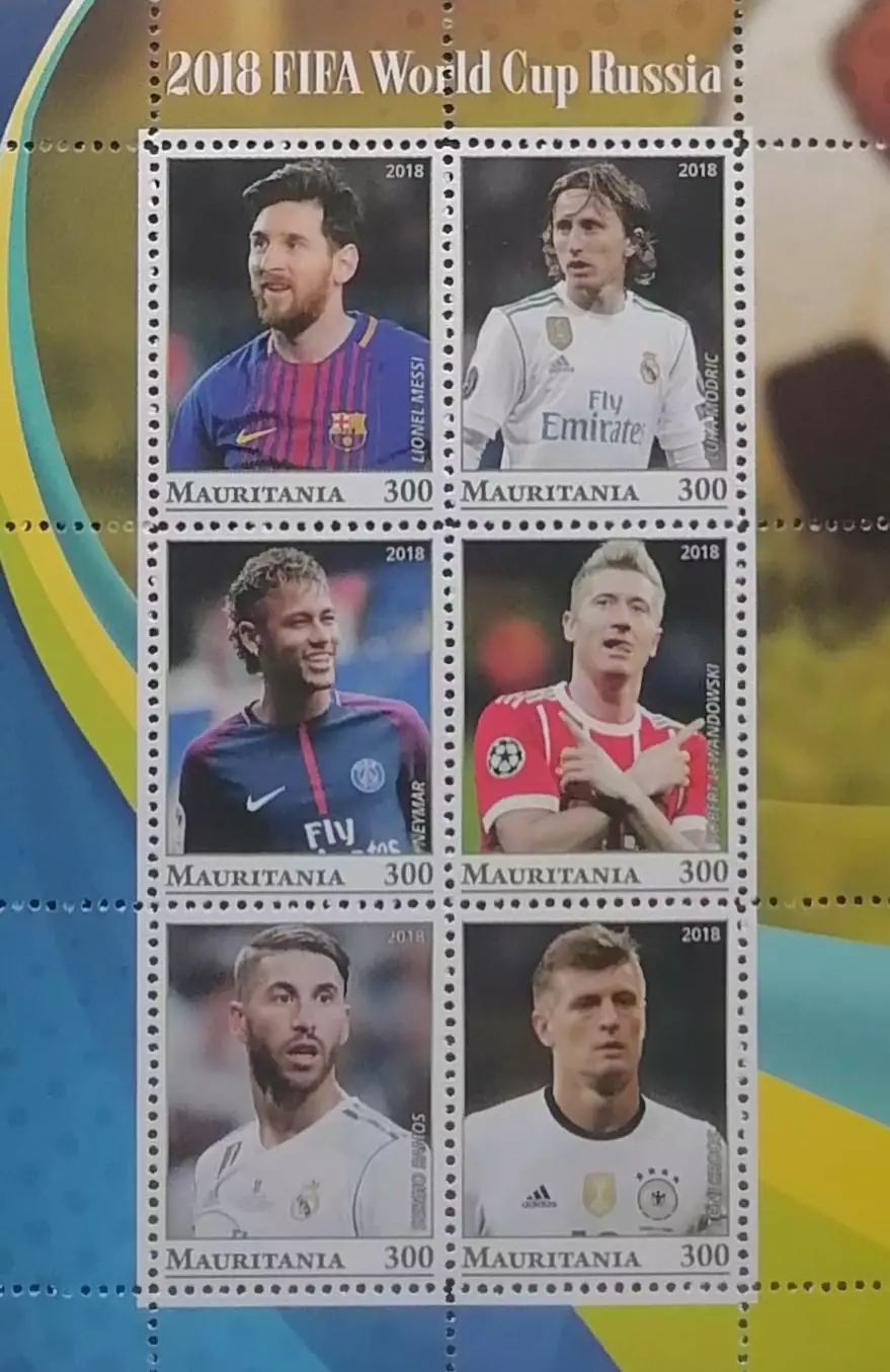 Малый лист. Мавритания 2018. Месси. Модрич. Неймар. Левандовски. Рамос. Кроос.