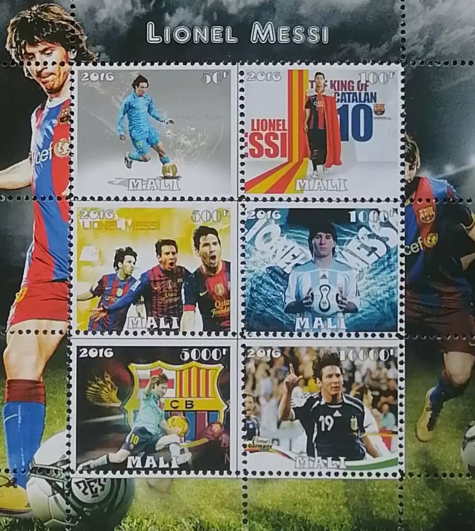 Малый лист. Мали 2016. Футбол. Лионель Месси. 2