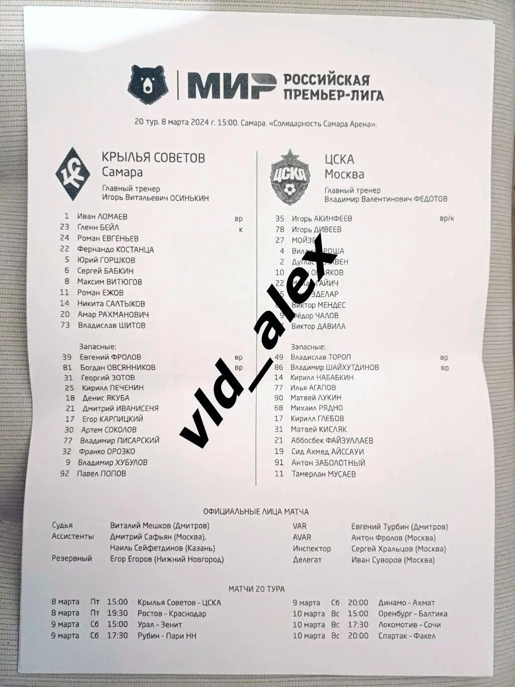 Крылья Советов - ЦСКА 08.03.2024. Протокол.