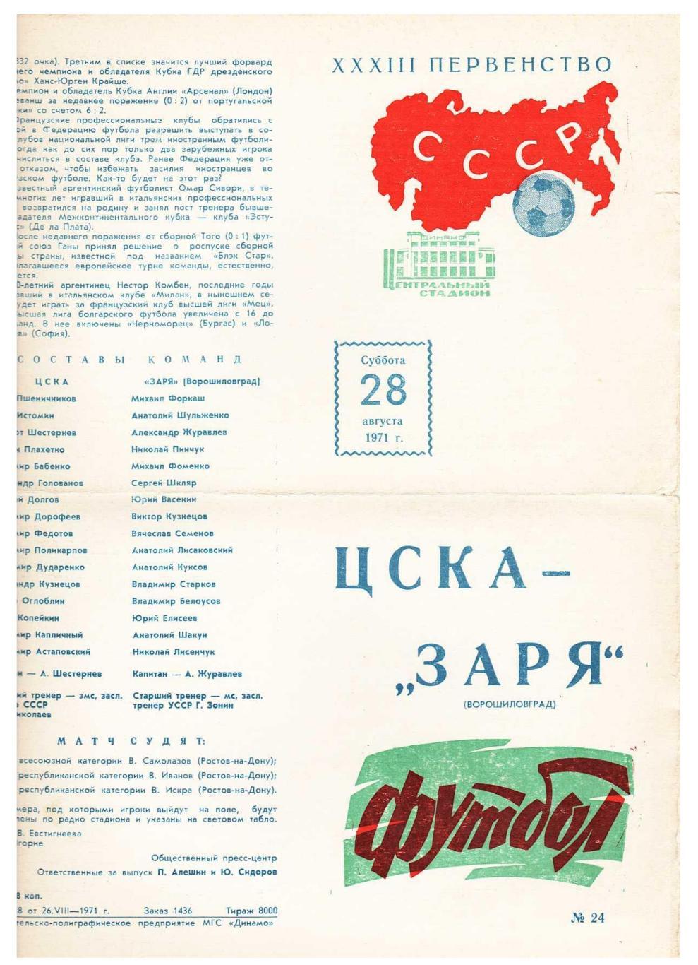 Футбол. 28.08. 1971 г. ЦСКА (Москва) – Заря (Ворошиловград). Первенство СССР.