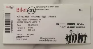 Официальный билет матча ВХЛ 2025/26 ХК «ЧЕЛНЫ» - ХК Рязань-ВДВ