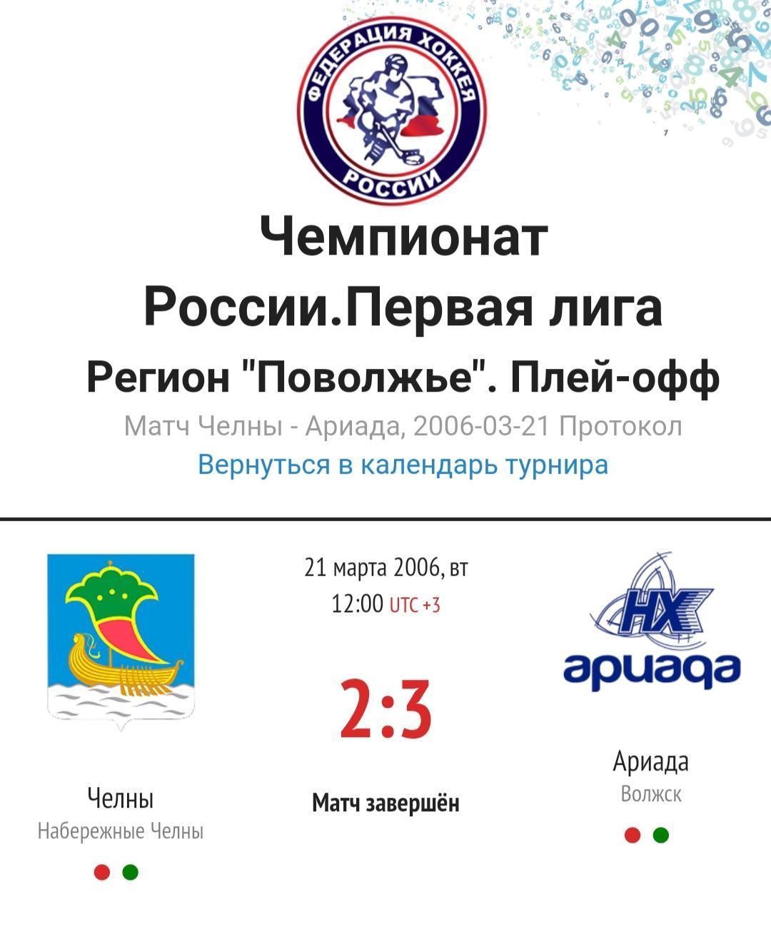 Билет Чемпионат России по хоккею 1 лига 2006г. 1