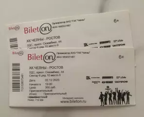 Официальный билет матча ВХЛ 2025/26 ХК «ЧЕЛНЫ» - ХК Ростов