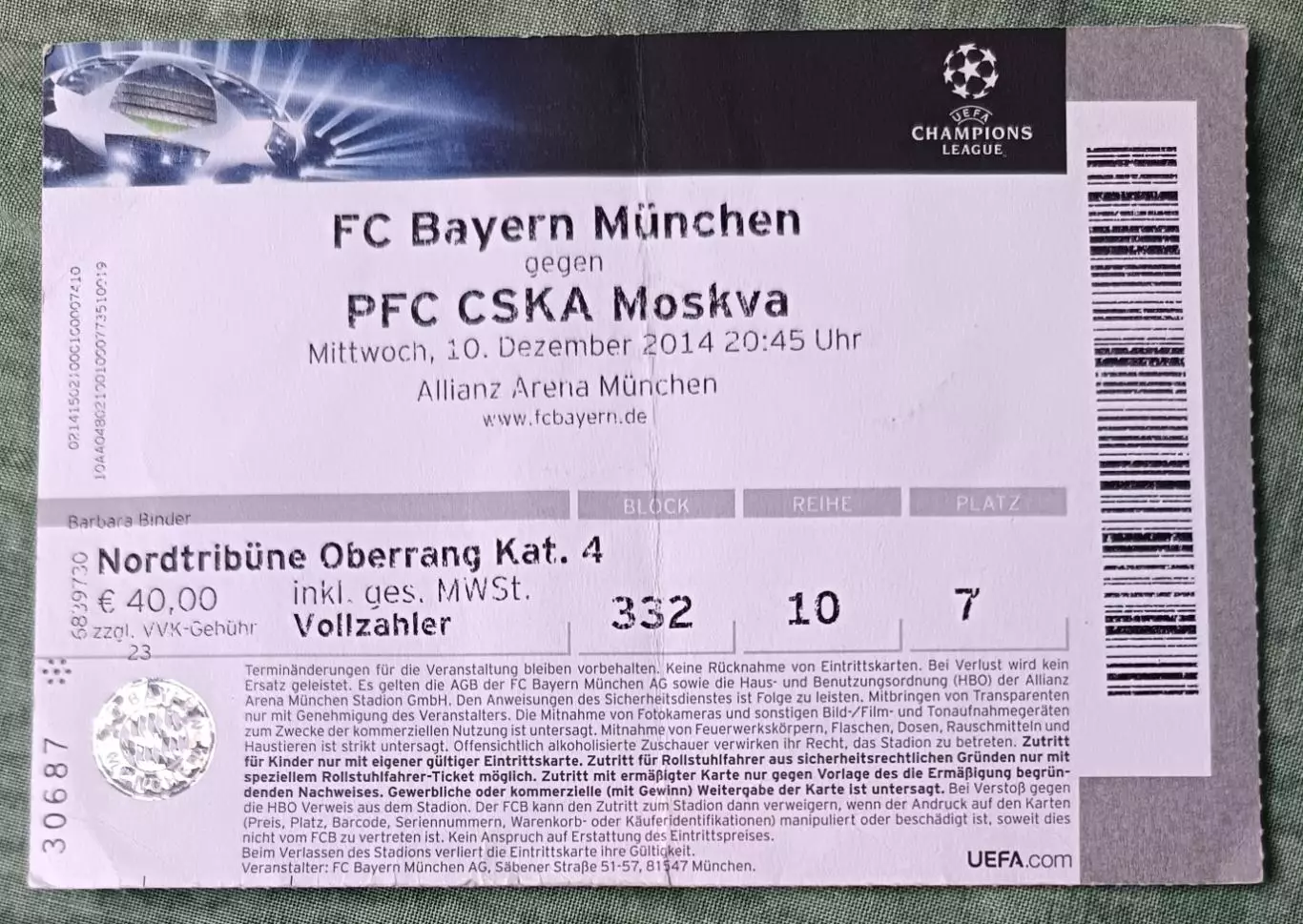 Билет Бавария Мюнхен Германия - ЦСКА Москва лига чемпионов 2014