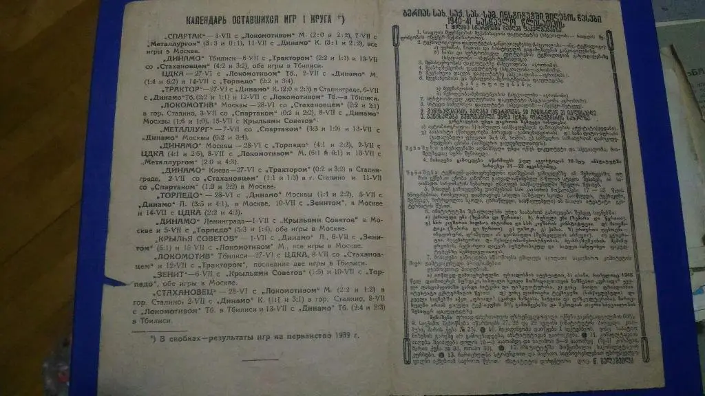 Таблица результатов розыгрыша. 1940 г. 1