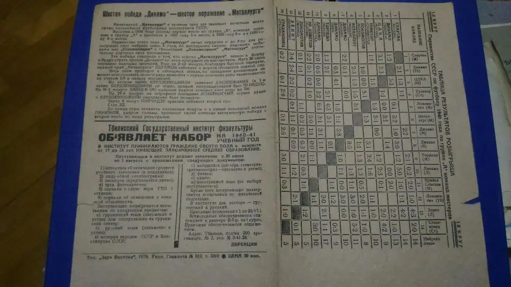 Таблица результатов розыгрыша. 1940 г. 3