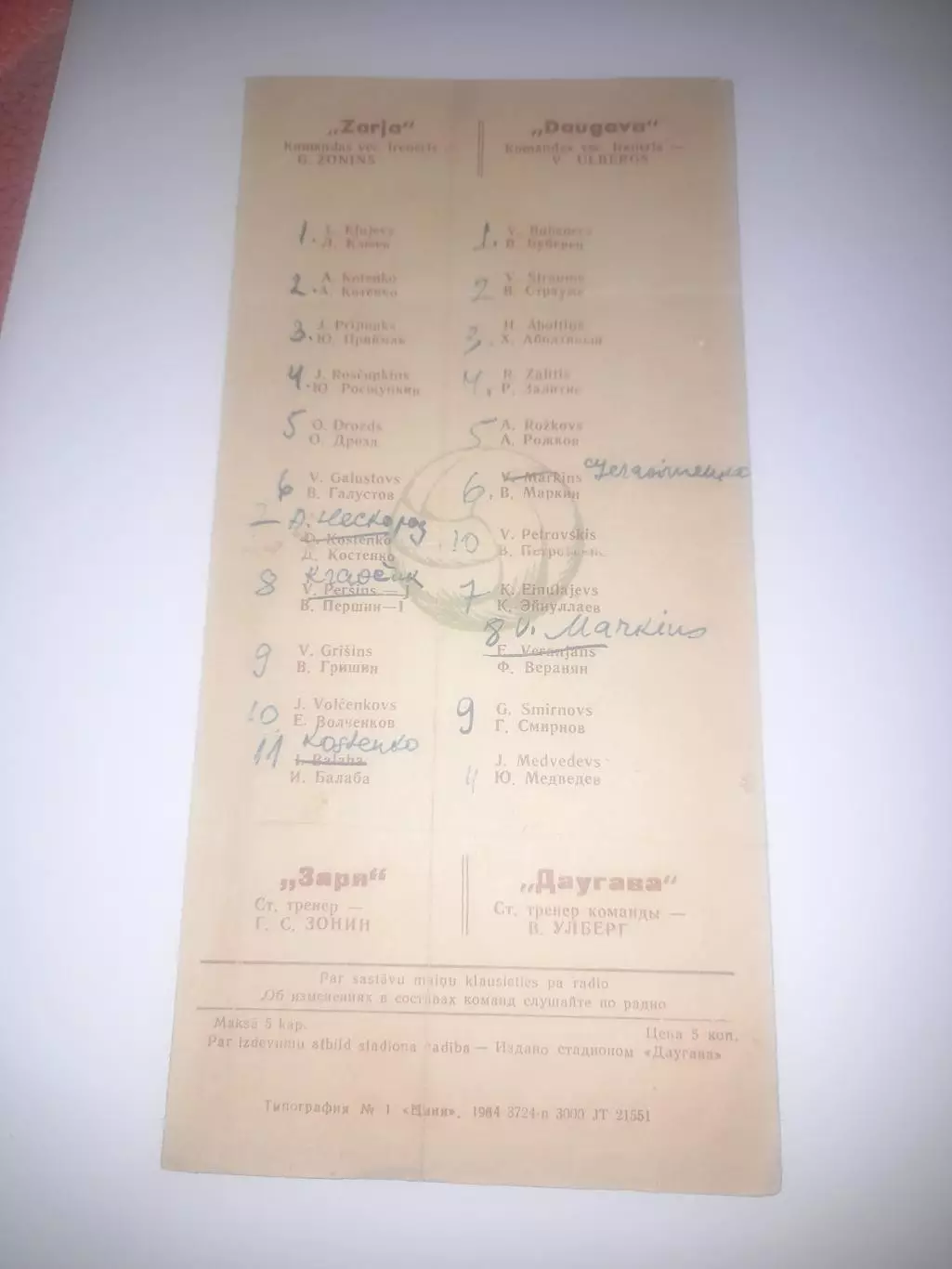 Даугава РЭЗ Рига - Заря Луганск 1964 1