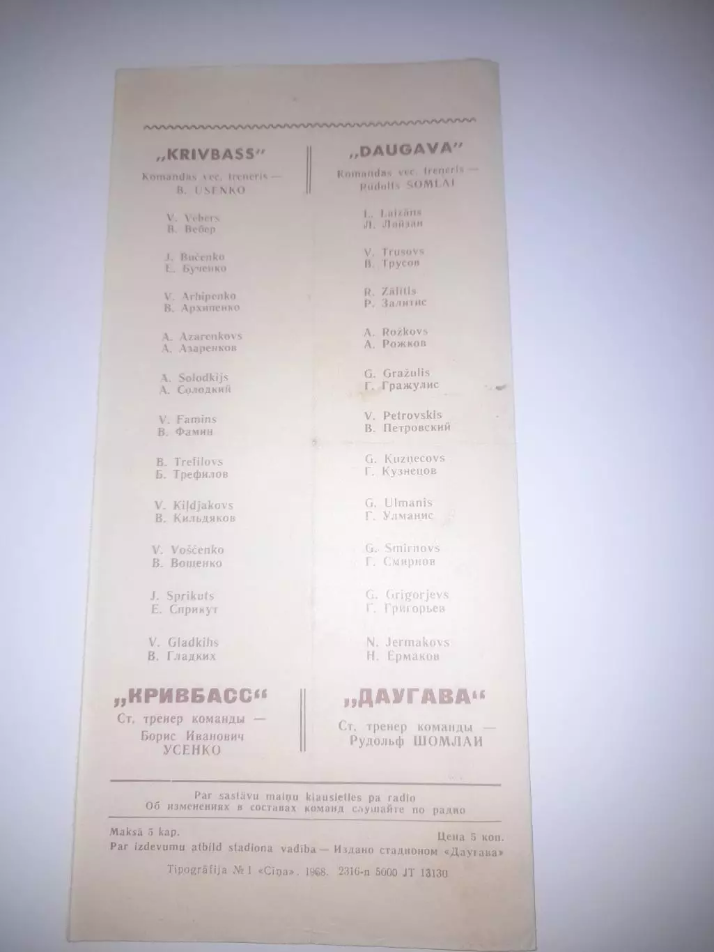 Даугава РЭЗ Рига - Кривбасс Кривой Рог 1968 1