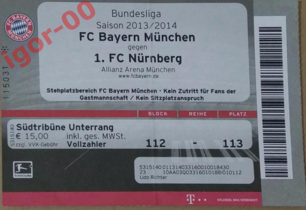 Билет Бавария Мюнхен - Нюрнберг 2013 Бундеслига