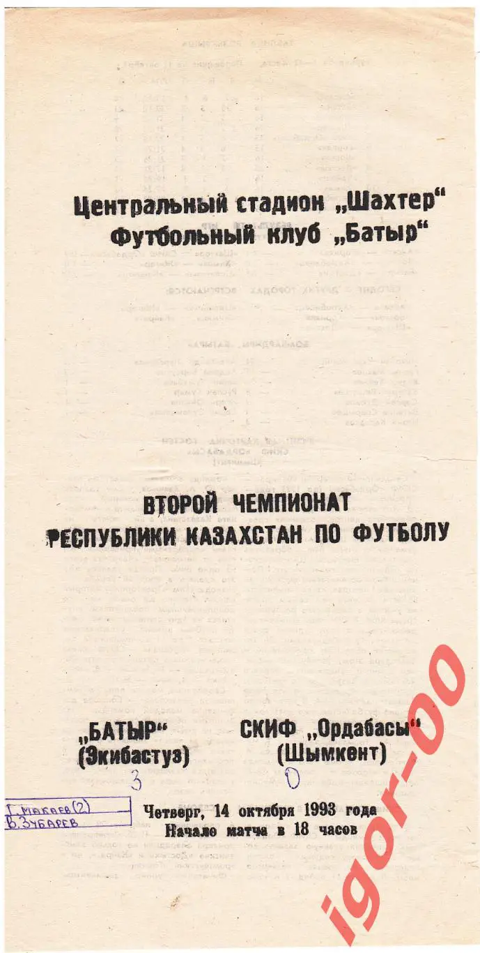 Батыр Экибастуз - СКИФ-Ордабасы Шымкент 1993