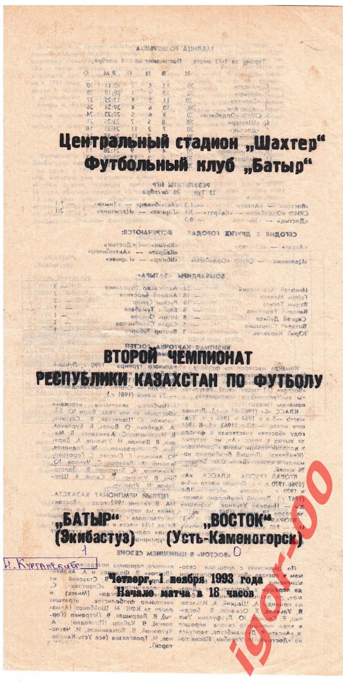 Батыр Экибастуз - Восток Усть-Каменогорск 01.11.1993