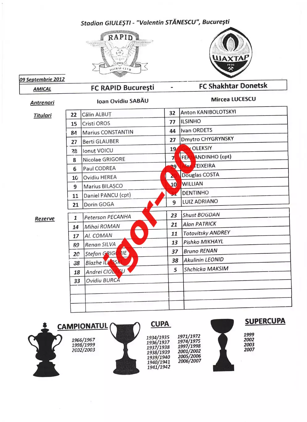 Рапид Бухарест Румыния - Шахтер Донецк Украина 2012 Стартовый протокол