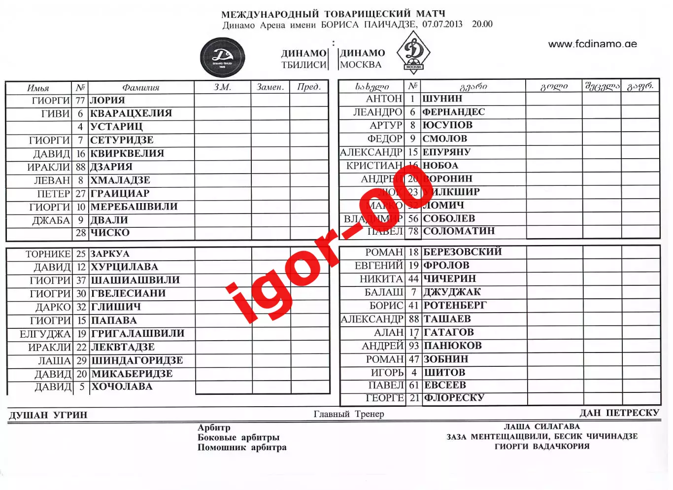 Динамо Тбилиси - Динамо Москва 2013 Стартовый протокол