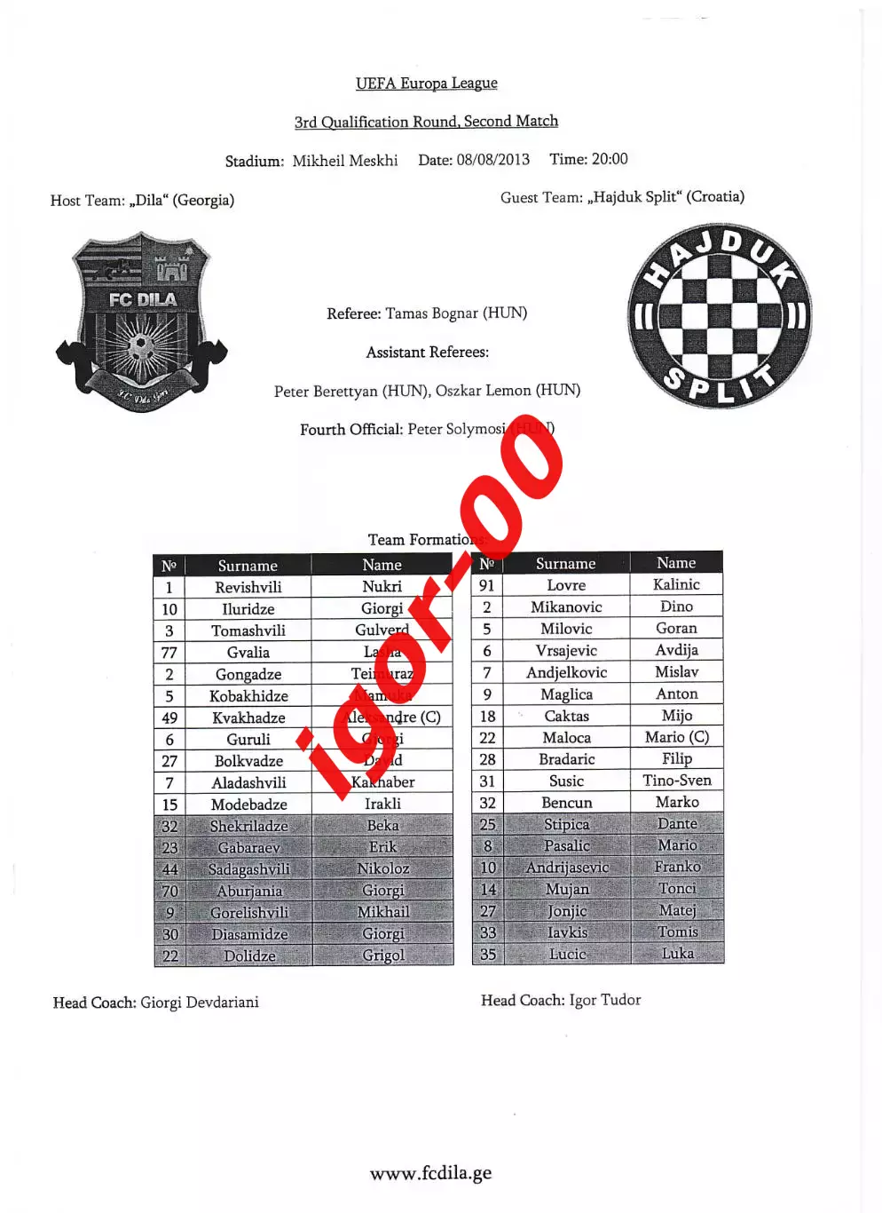Дила Гори Грузия - Хайдук Сплит Хорватия 2013 Стартовый протокол