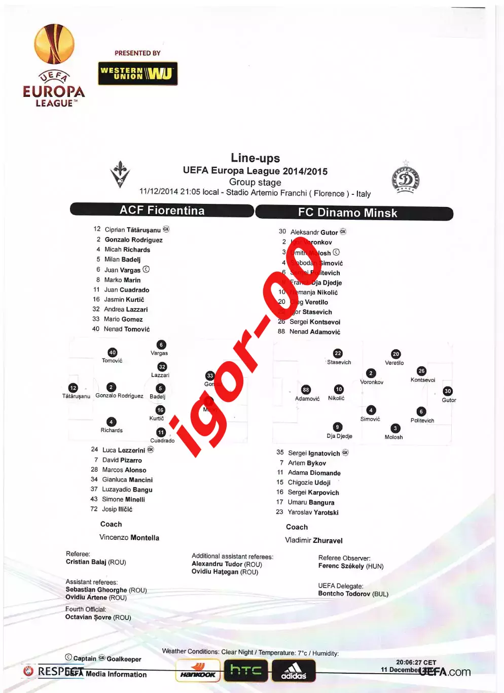 Фиорентина Италия - Динамо Минск Беларусь 2014 Стартовый протокол