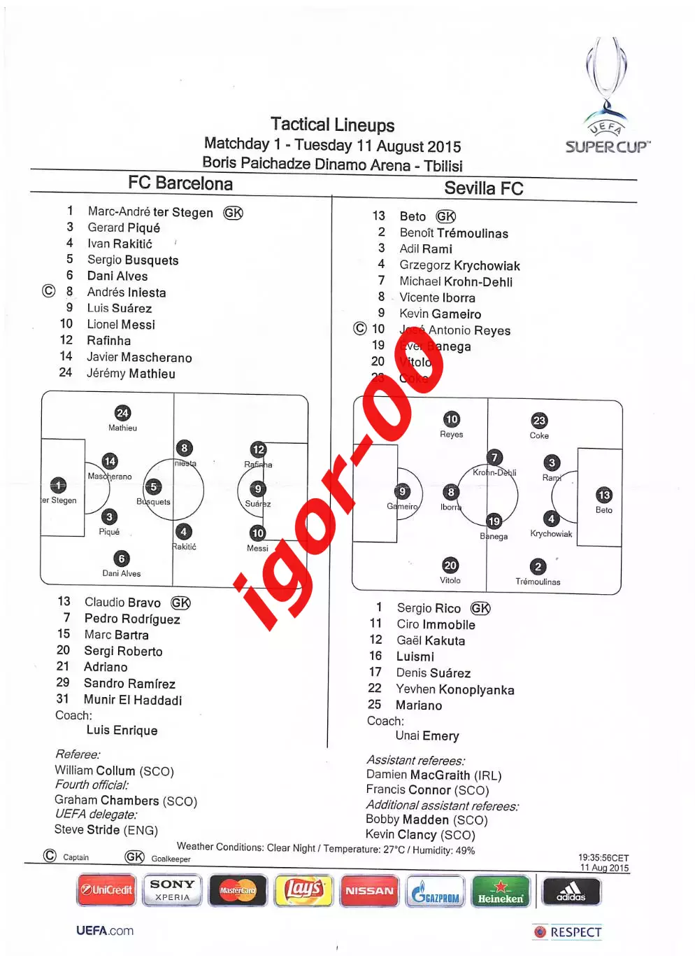 Барселона - Севилья Испания 2015 Суперкубок УЕФА Стартовый протокол