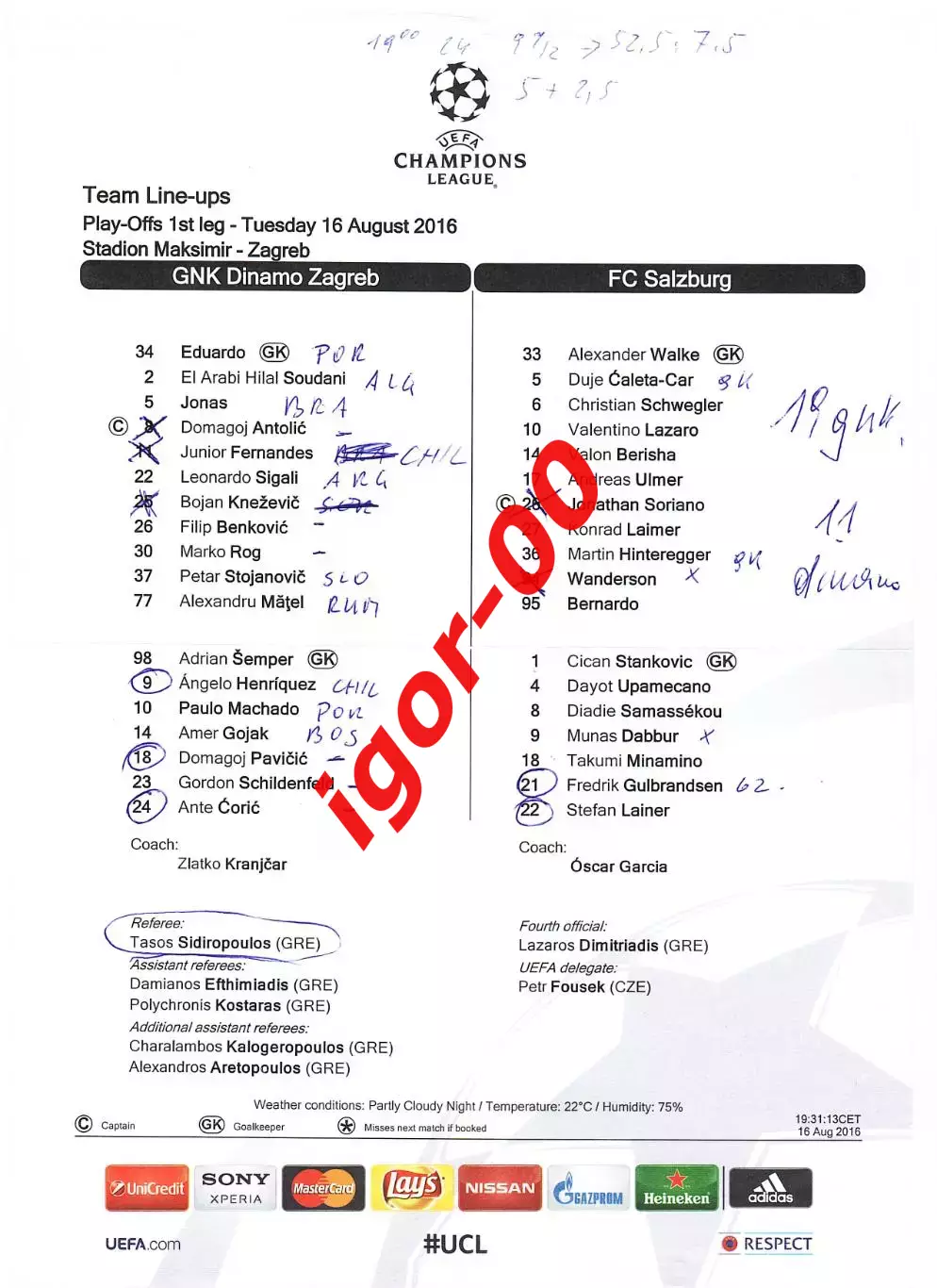 Динамо Загреб Хорватия - Зальцбург Австрия 2016 Стартовый протокол