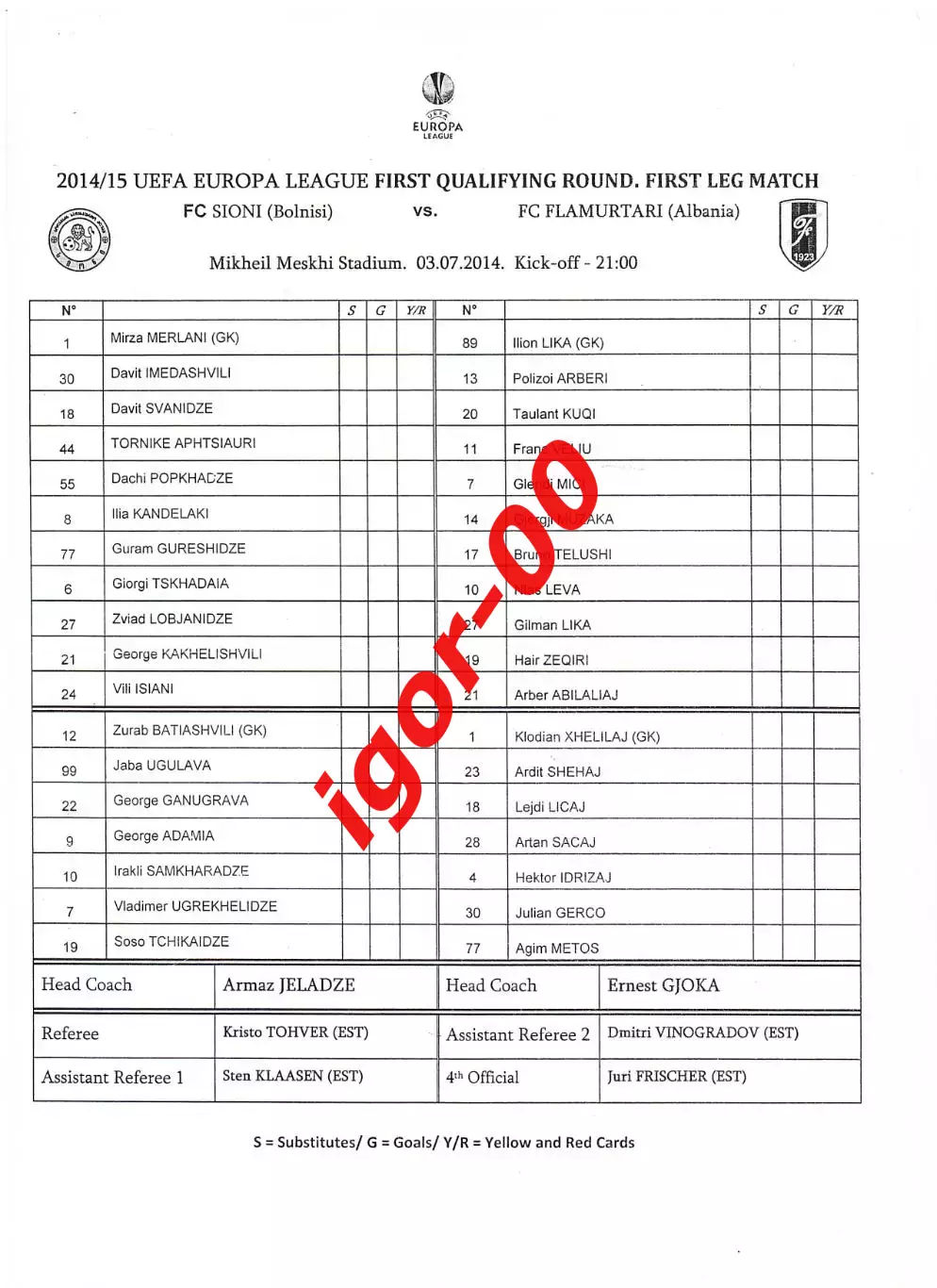 Сиони Болниси Грузия - Фламуртари Албания 2014 Стартовый протокол