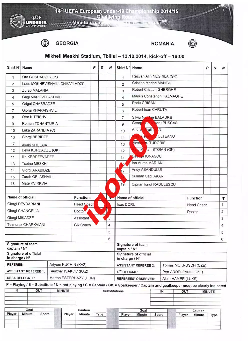 Грузия - Румыния 2014 U-19 Стартовый протокол
