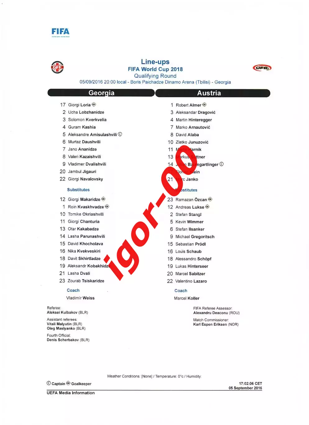 Грузия - Австрия 2016 Стартовый протокол