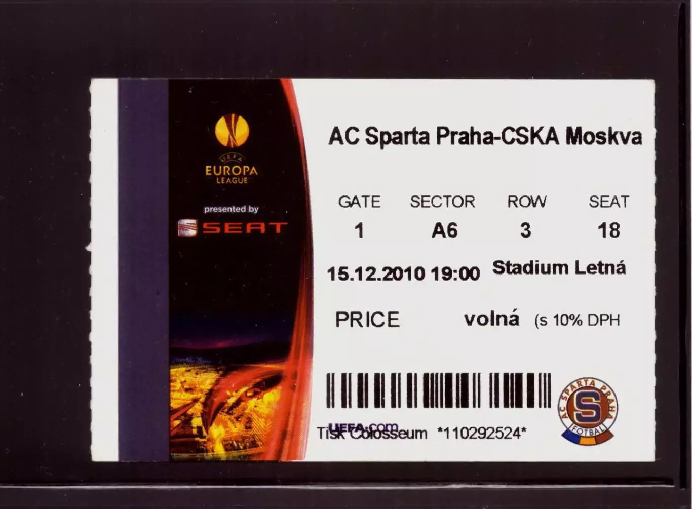 Билет Спарта Прага - ЦСКА 15.12.2010 (Лига Европы)