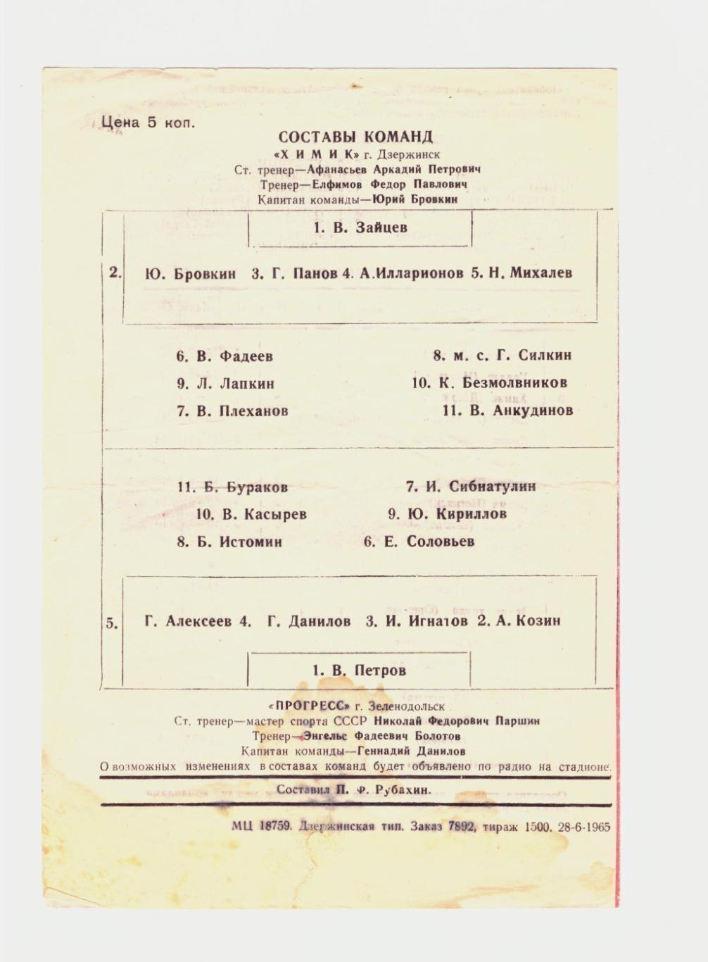 Химик Дзержинск - Прогресс Зеленодольск 1965 1