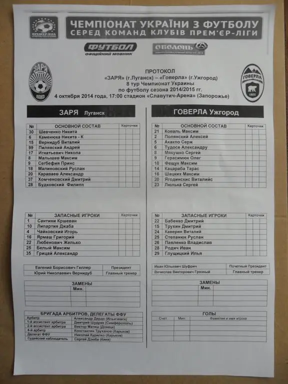 Протокол матча Заря Луганск - Говерла Ужгород.