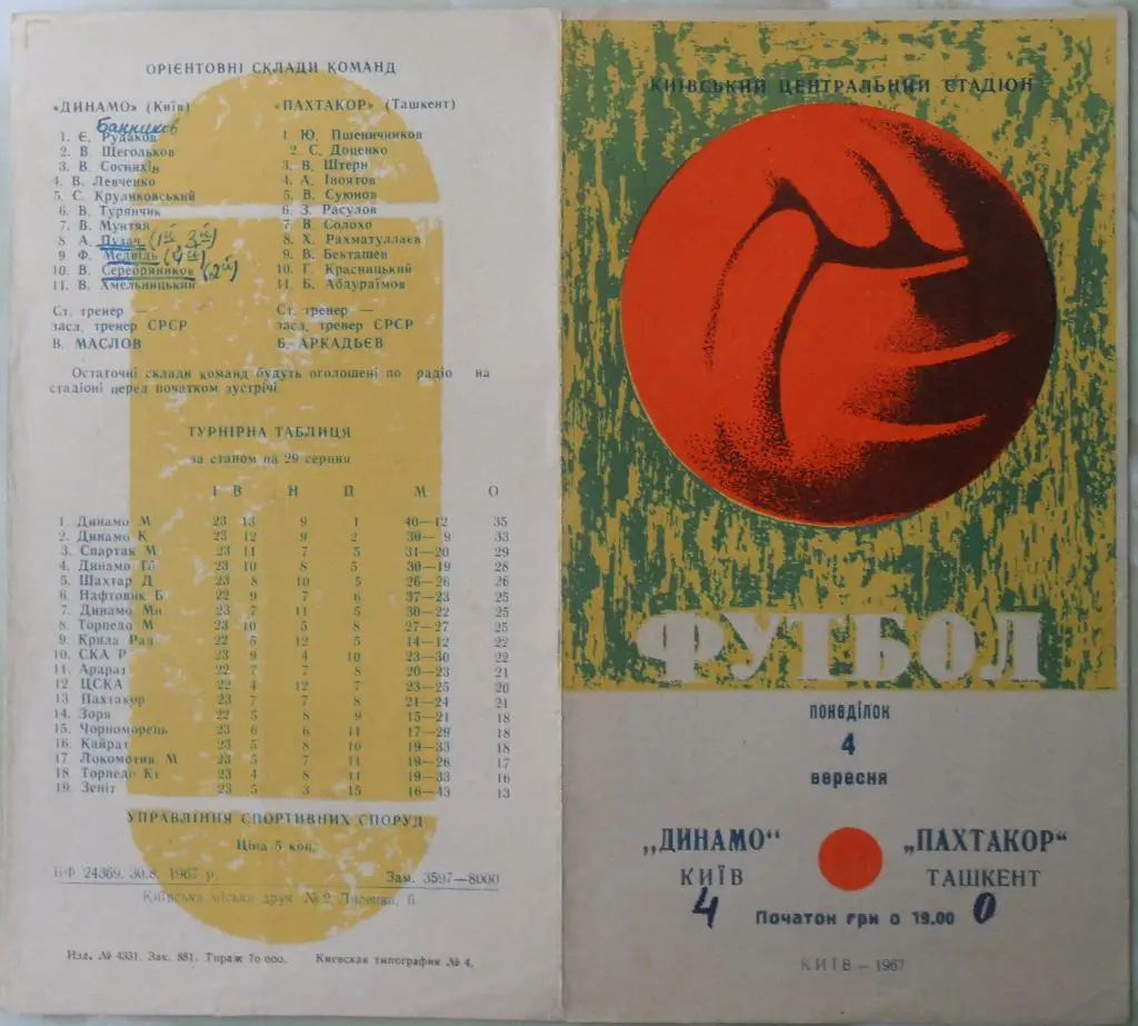 Динамо Киев - Пахтакор Ташкент. 04.09.1967.