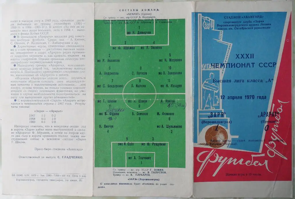 Заря Ворошиловград -Арарат Ереван. 12.04.1970. 1