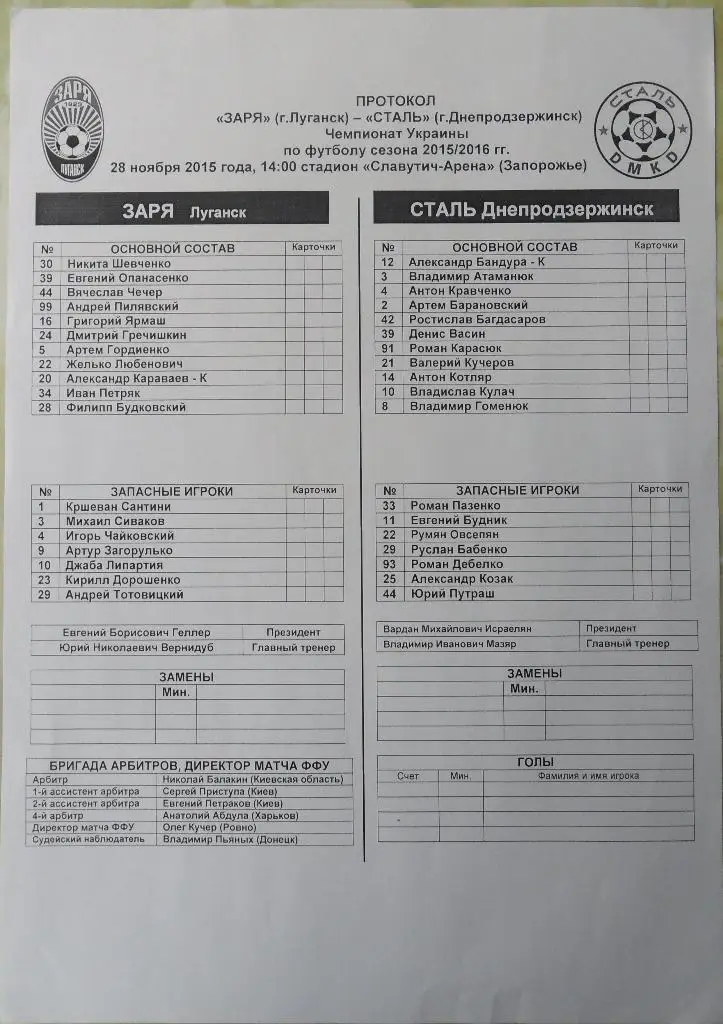 Предматчевый протокол Заря Луганск - Сталь Днепродзержинск. 28.11.2015.