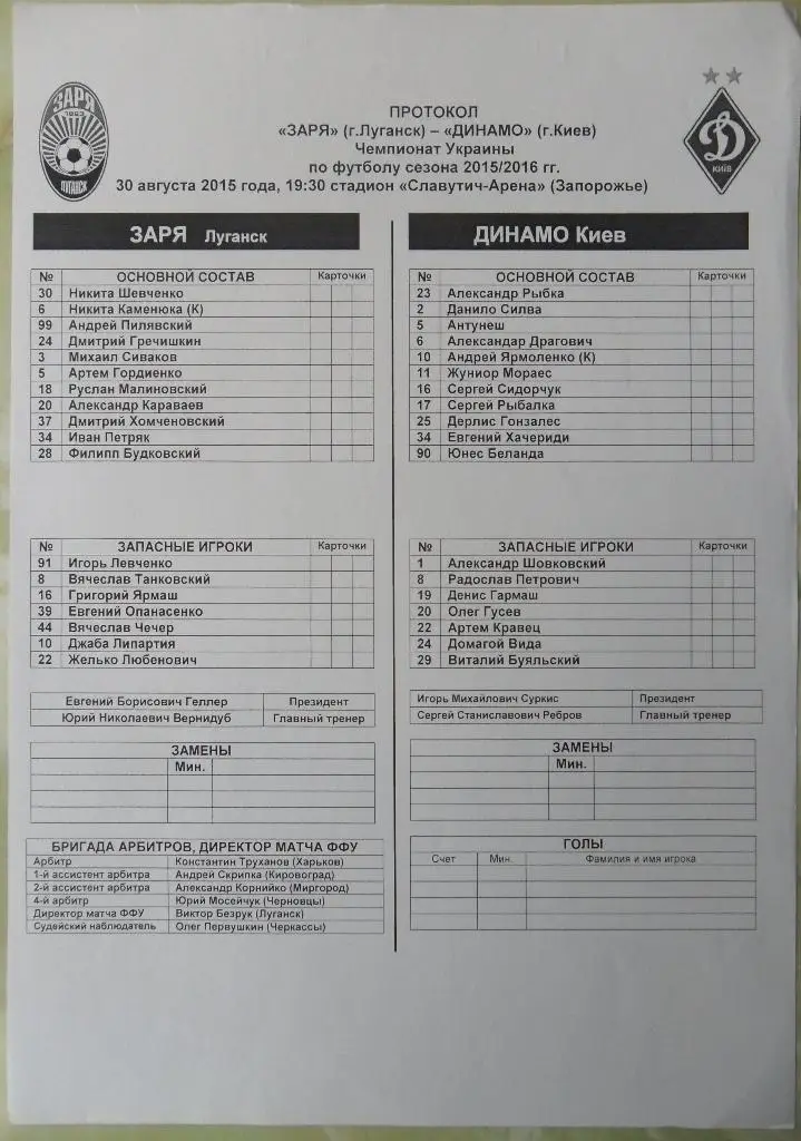 Предматчевый протокол Заря Луганск - Динамо Киев. 30.08.2015.