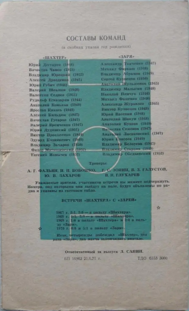 Шахтер Донецк - Заря Ворошиловград/Луганск. 27.06.1971. 1