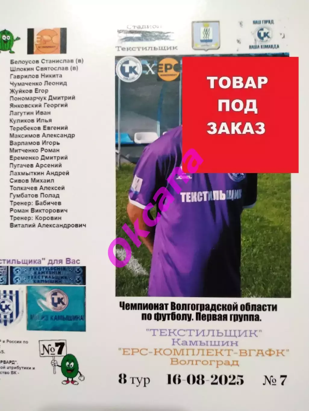 На заказ. Текстильщик Камышин - ЕРС-Комплект-ВГАФК Волгоград. 16.08.2025. Ч.В.О.