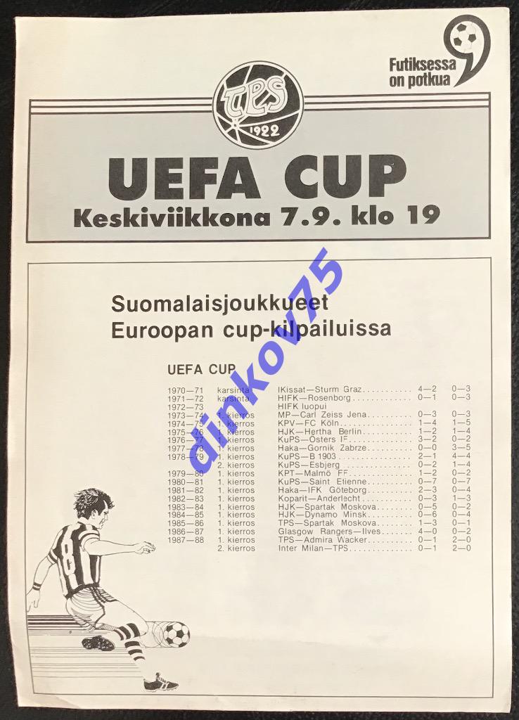 Программа ТПС Финляндия - Линфилд Северная Ирландия 1988 Кубок УЕФА