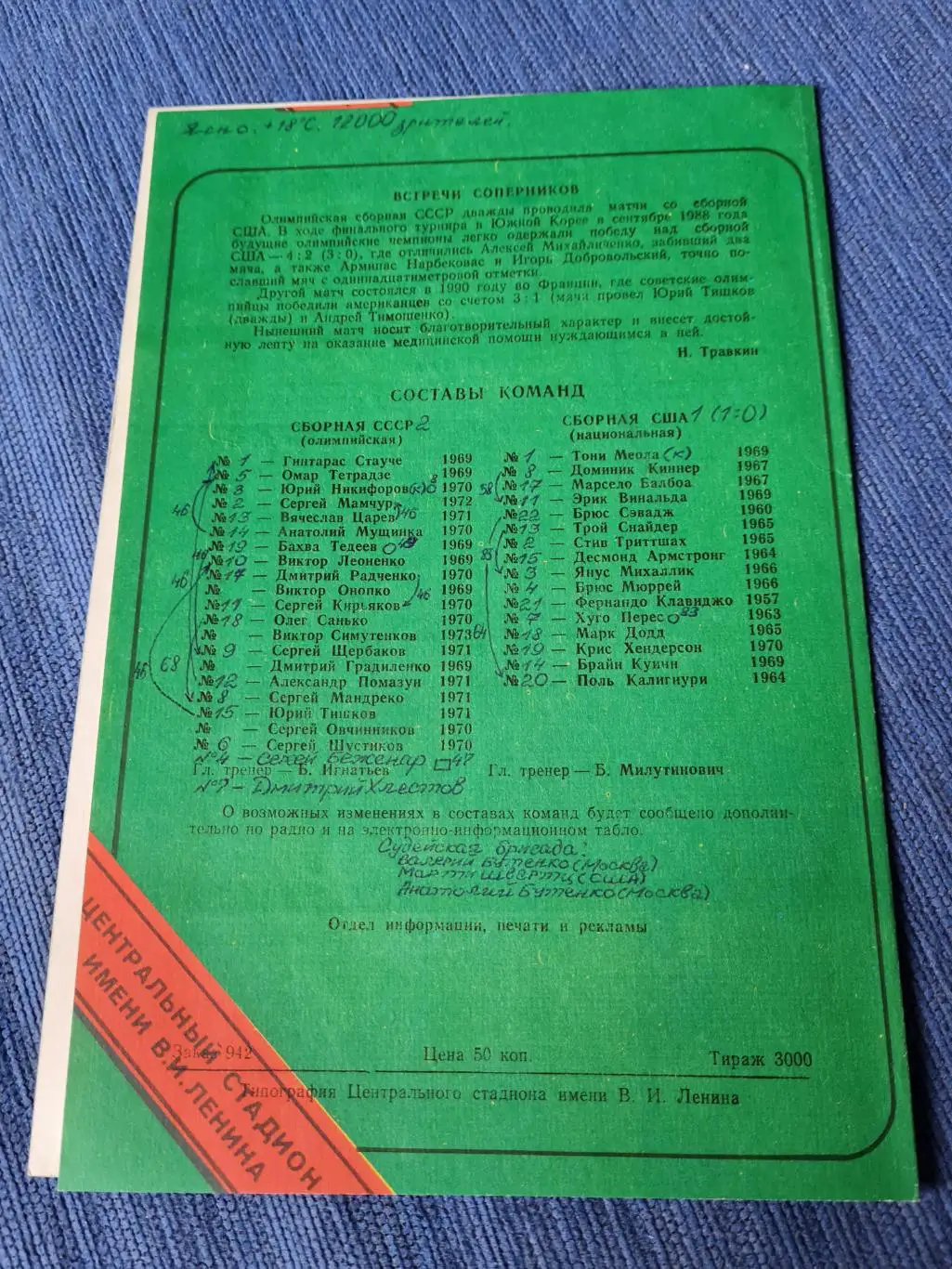 27.08.1991 СССР (ол.)США.Программа + билет. 1