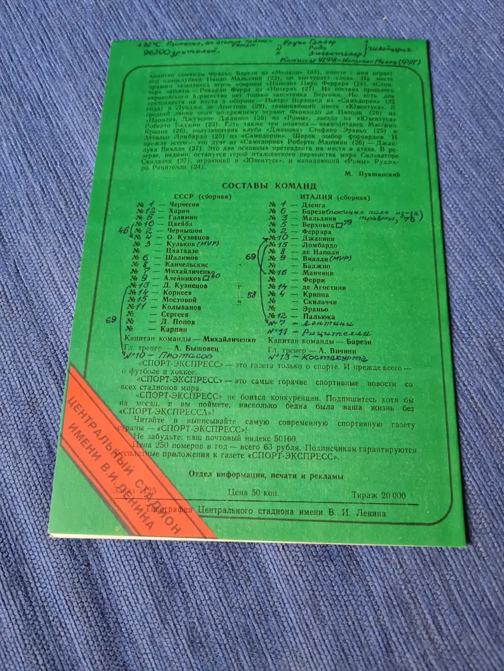 12.10.1991 . СССРИталия. 2программки + билет. 1