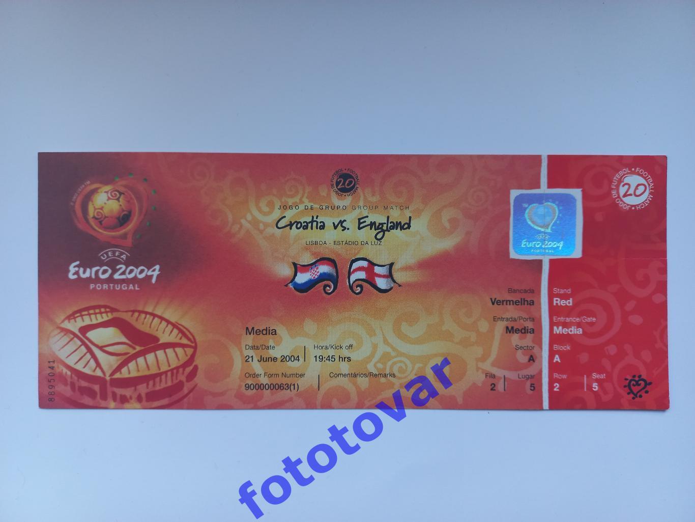 квиток Хорватія - Англія, Croatia – England, Euro 2004