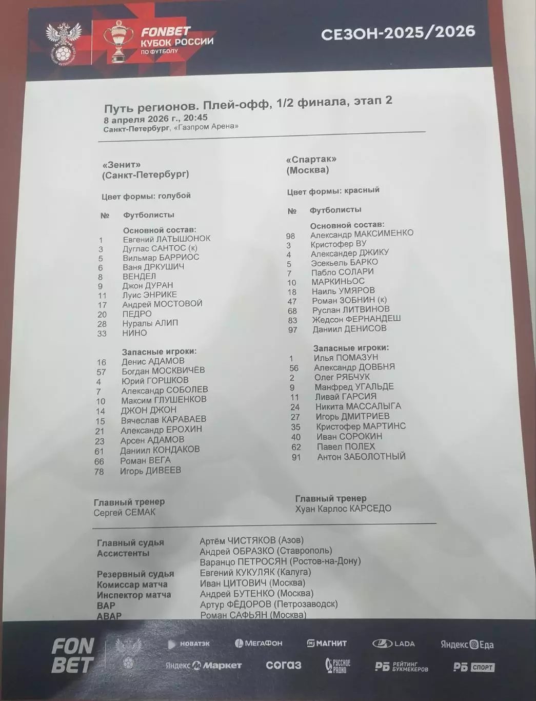 Зенит Санкт-Петербург — Спартак Москва 08.04.2026. Стартовый протокол