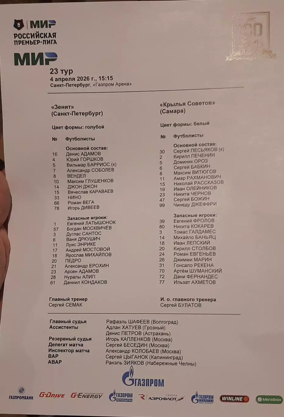 Зенит Санкт-Петербург — Крылья Советов Самара. 06.04.2026. Стартовый протокол