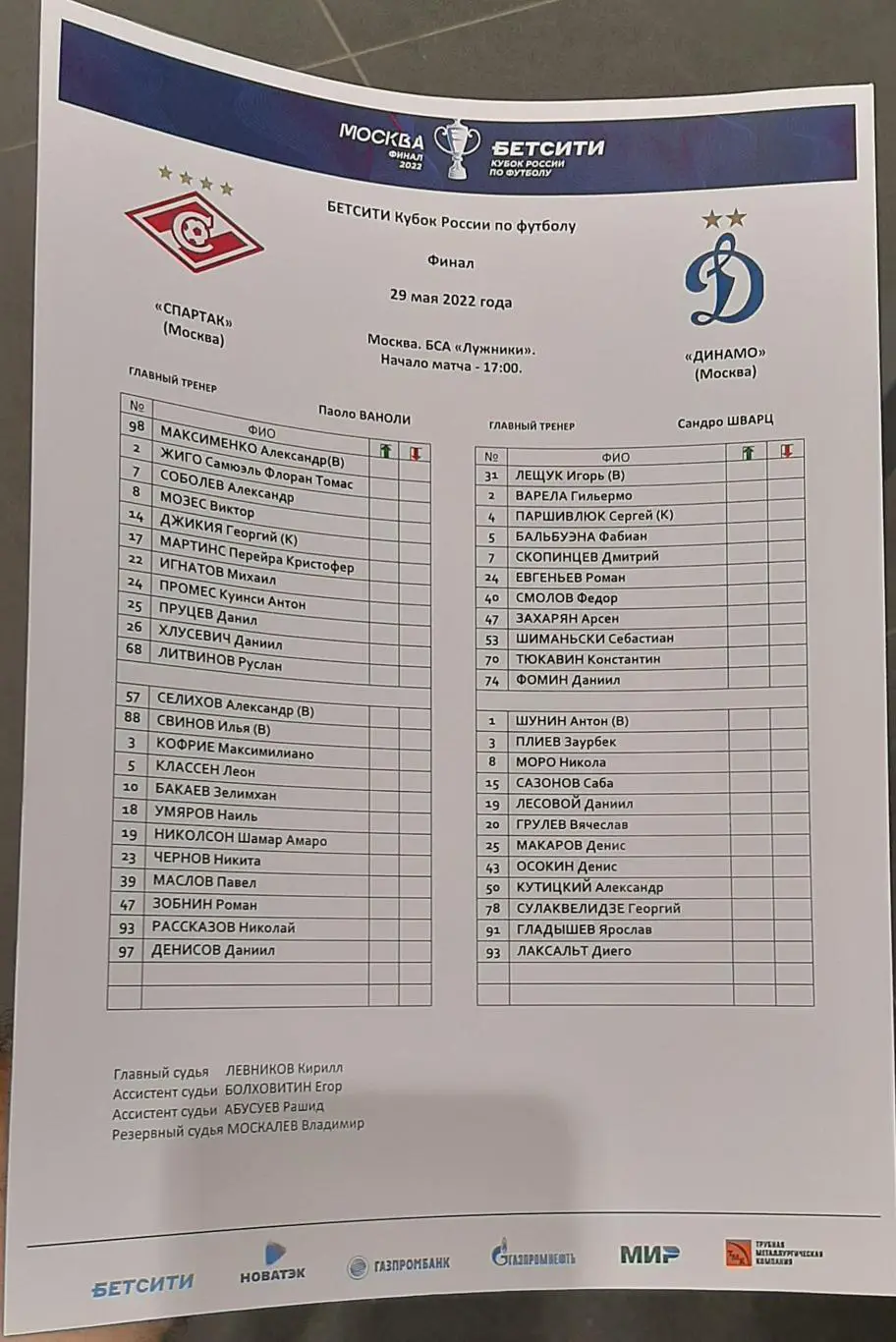 Спартак Москва — Динамо Москва 29.05.2022. Кубок России. Стартовый протокол