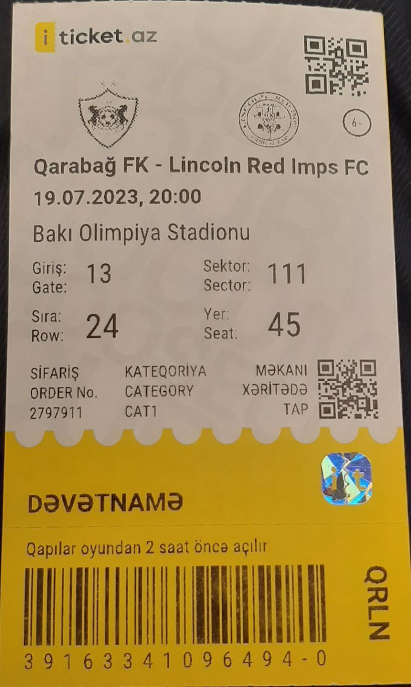 Карабах Азербайджан — Линкольн Ред ИМПС Гибралтар. 19.07.2023. Билет к матчу