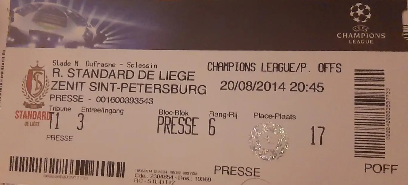 Стандард Бельгия — Зенит Санкт-Петербург 20.08.2014. Билет с матча