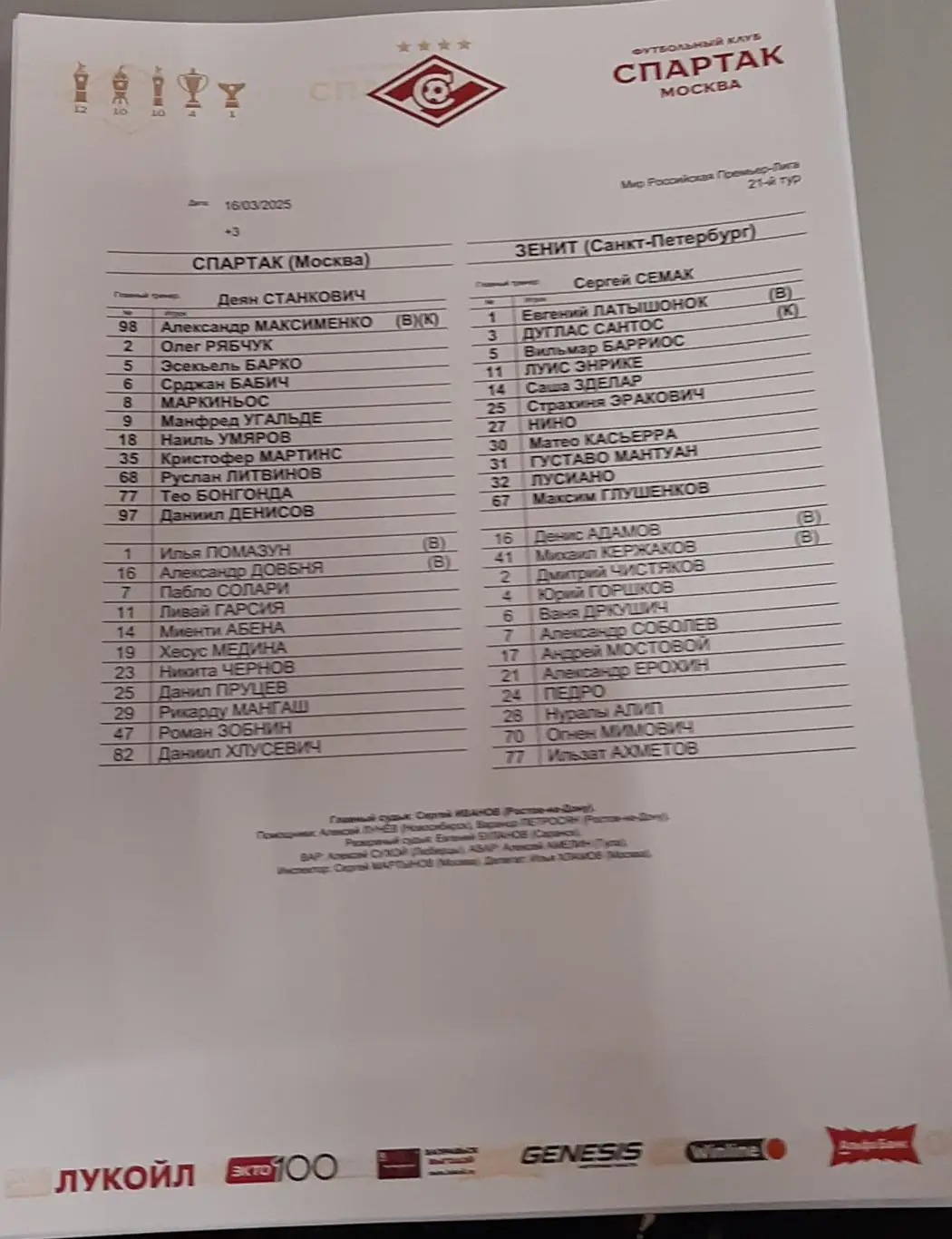 Спартак Москва — Зенит Санкт-Петербург 16.03.2025. Стартовый протокол