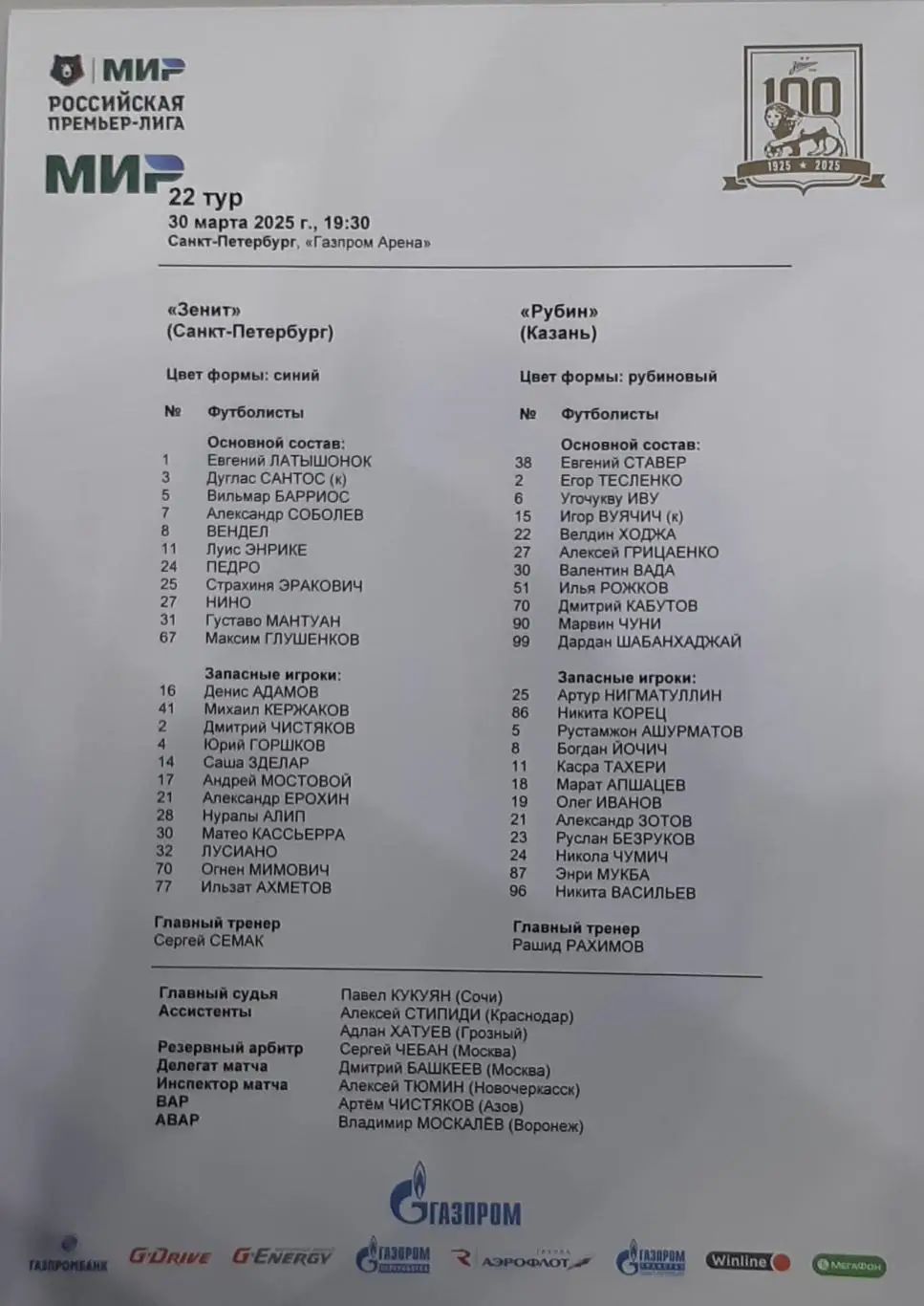 Зенит Санкт-Петербург — Рубин Казань. 31.03.2025. Стартовый протокол