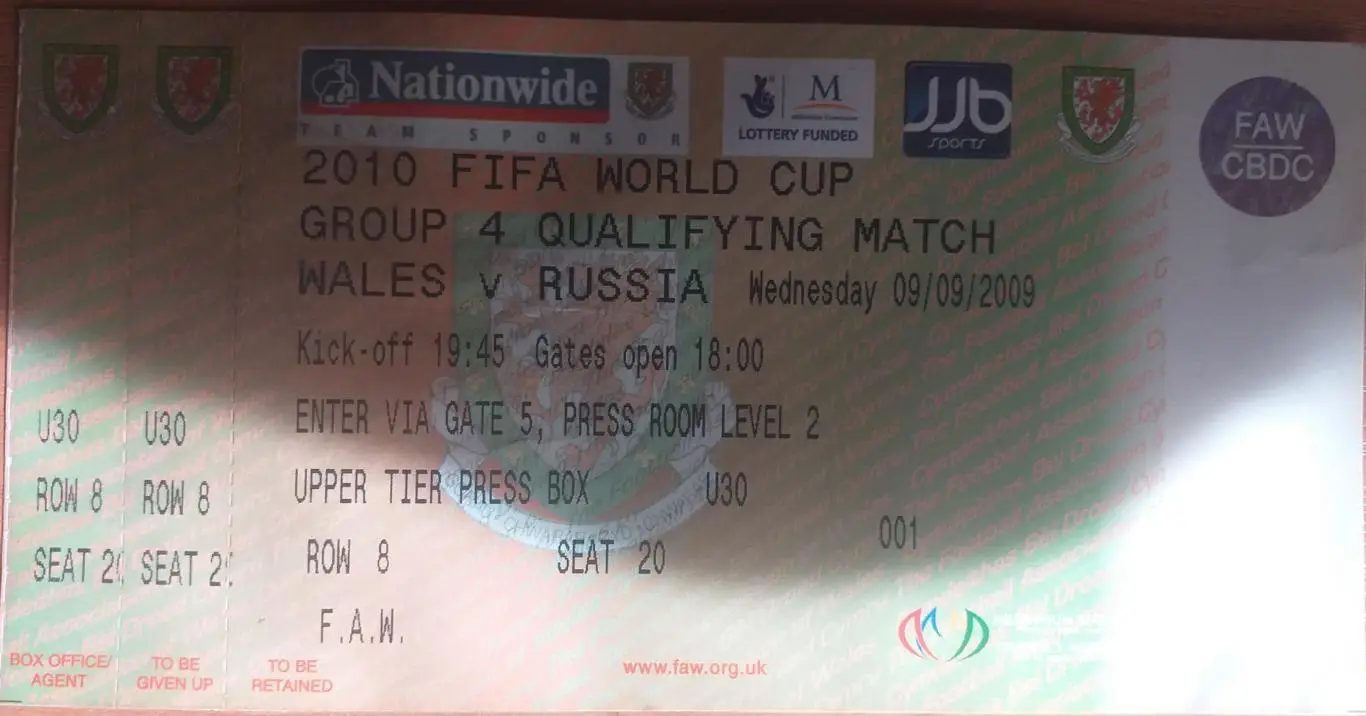 Уэльс — Россия 09.09.2009. Билет к матчу