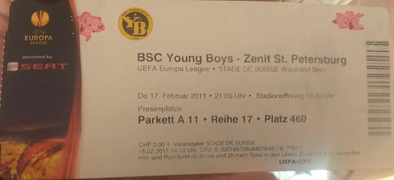 Янг Бойз Швейцария — Зенит Санкт-Петербург 17.02.2011. Билет к матчу