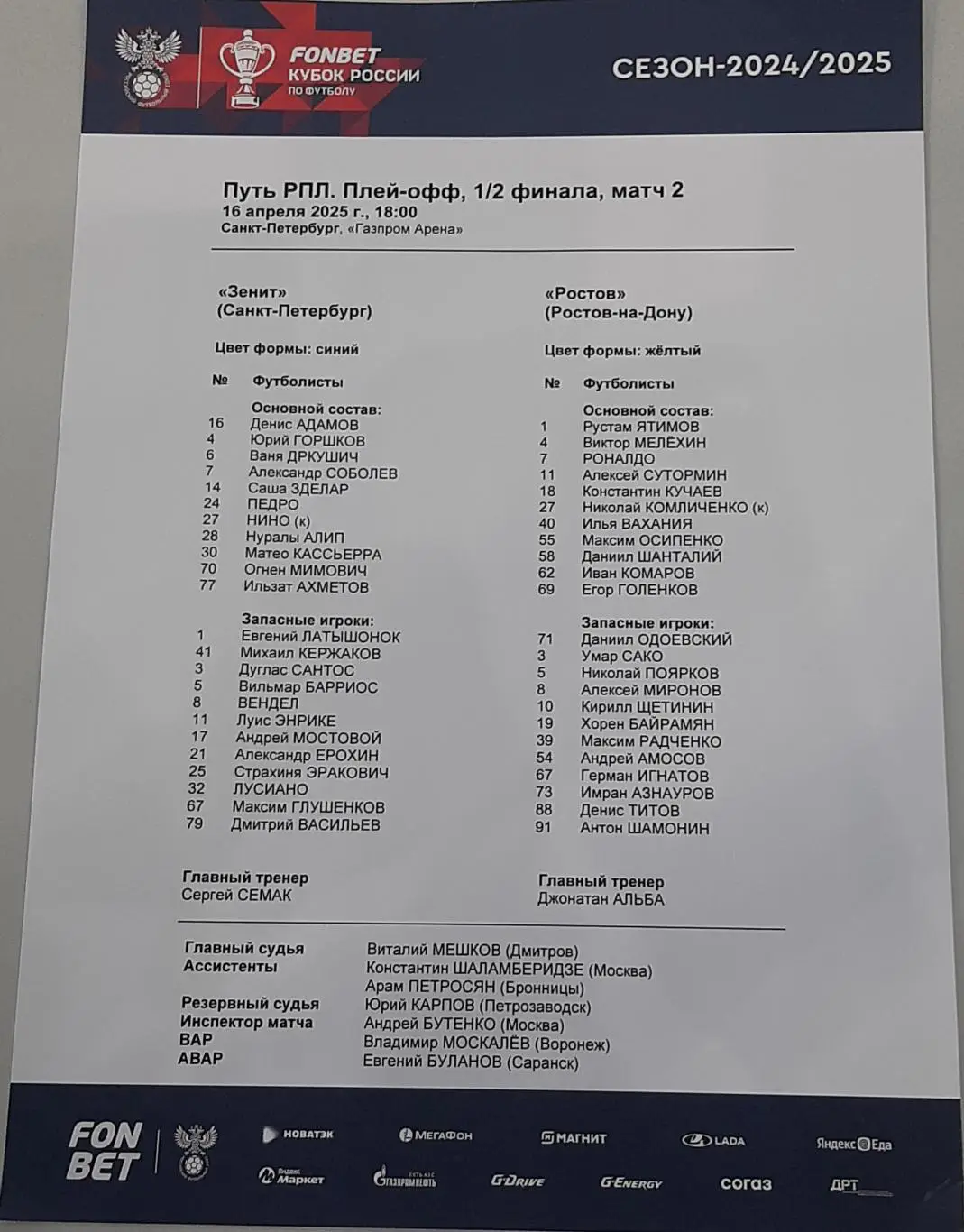 Зенит Санкт-Петербург — Ростов. 16.04.2025. Стартовый протокол