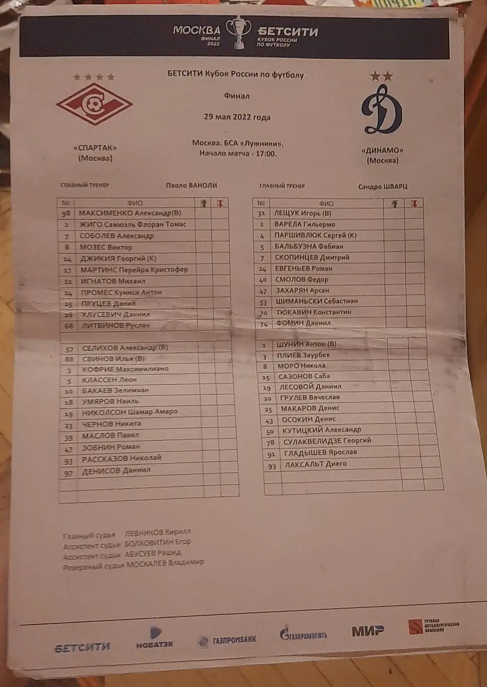 Спартак Москва — Динамо Москва. Финал 29.05.2025. Стартовый протокол