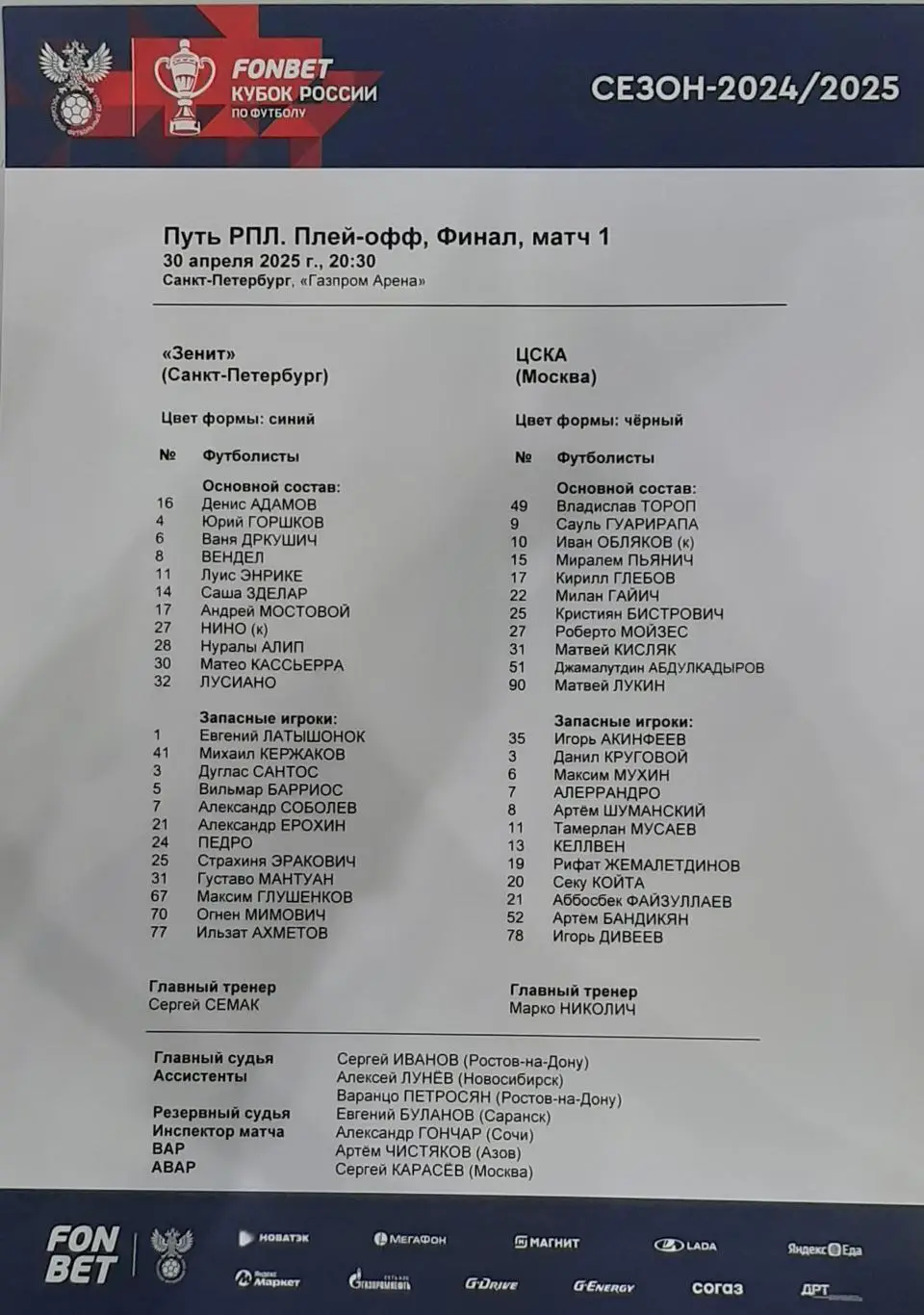 Зенит Санкт-Петербург — ЦСКА Москва 30.04.2025. Стартовый протокол